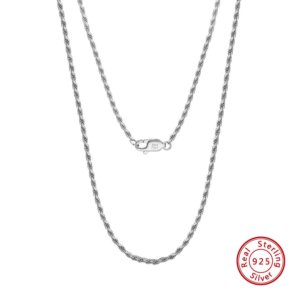 Classic rope chain necklace in 925 sterling silver, 20-inch length, rhodium plated.