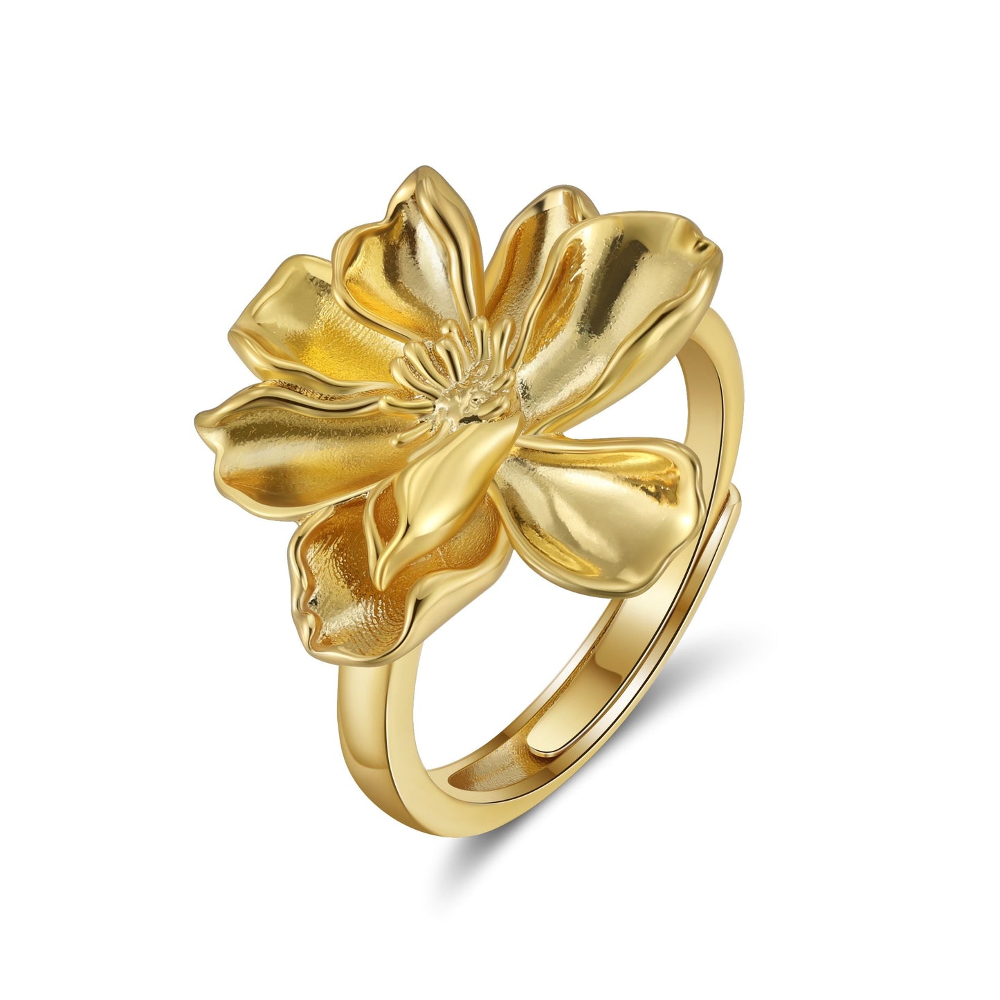 Bayahíbe Petal Ring with Rosa de Bayahíbe bloom, adjustable gold-filled band, elegant design.
