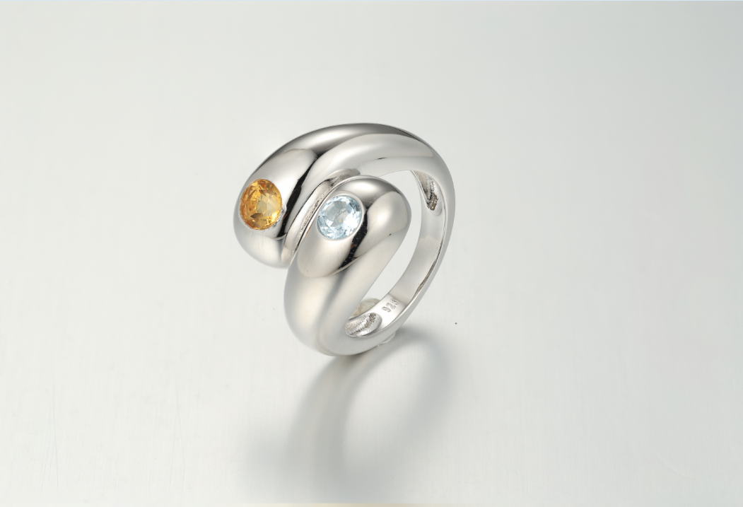 Twin Waterdrop Cocktail Ring with blue topaz and citrine stones, sterling silver band.