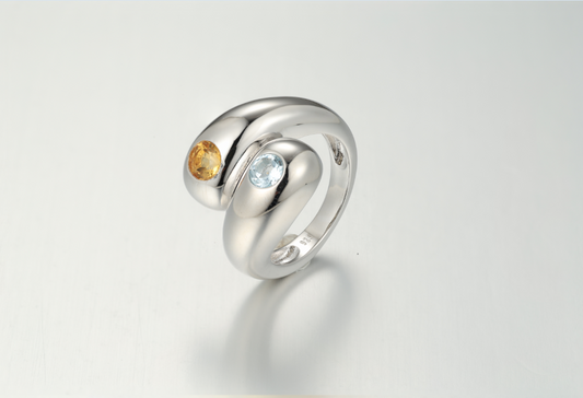 Twin Waterdrop Cocktail Ring with blue topaz and citrine stones, sterling silver band.