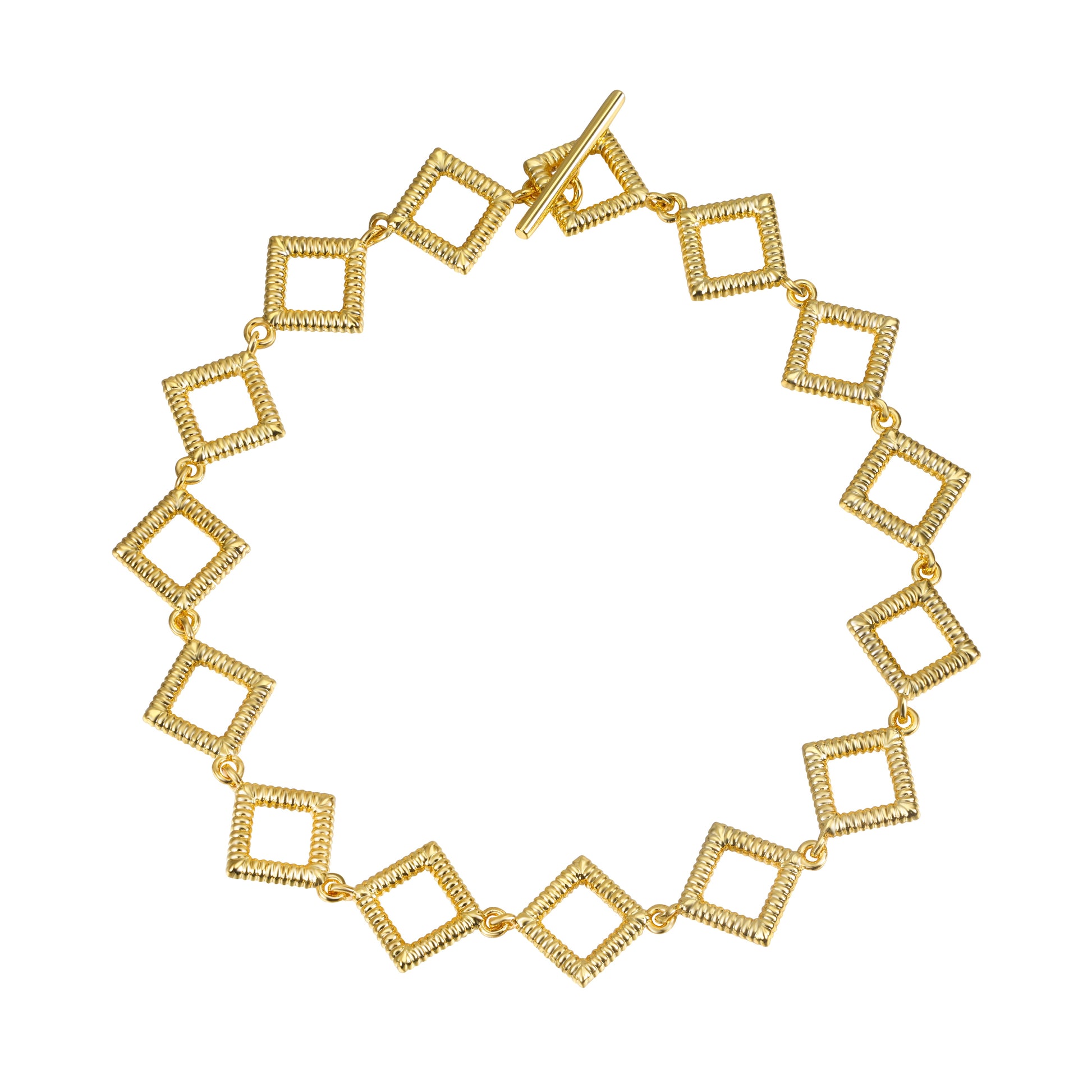 Golden Axis Link Bracelet with diamond-shaped 18K gold-filled brass links and toggle clasp, 7-inch length