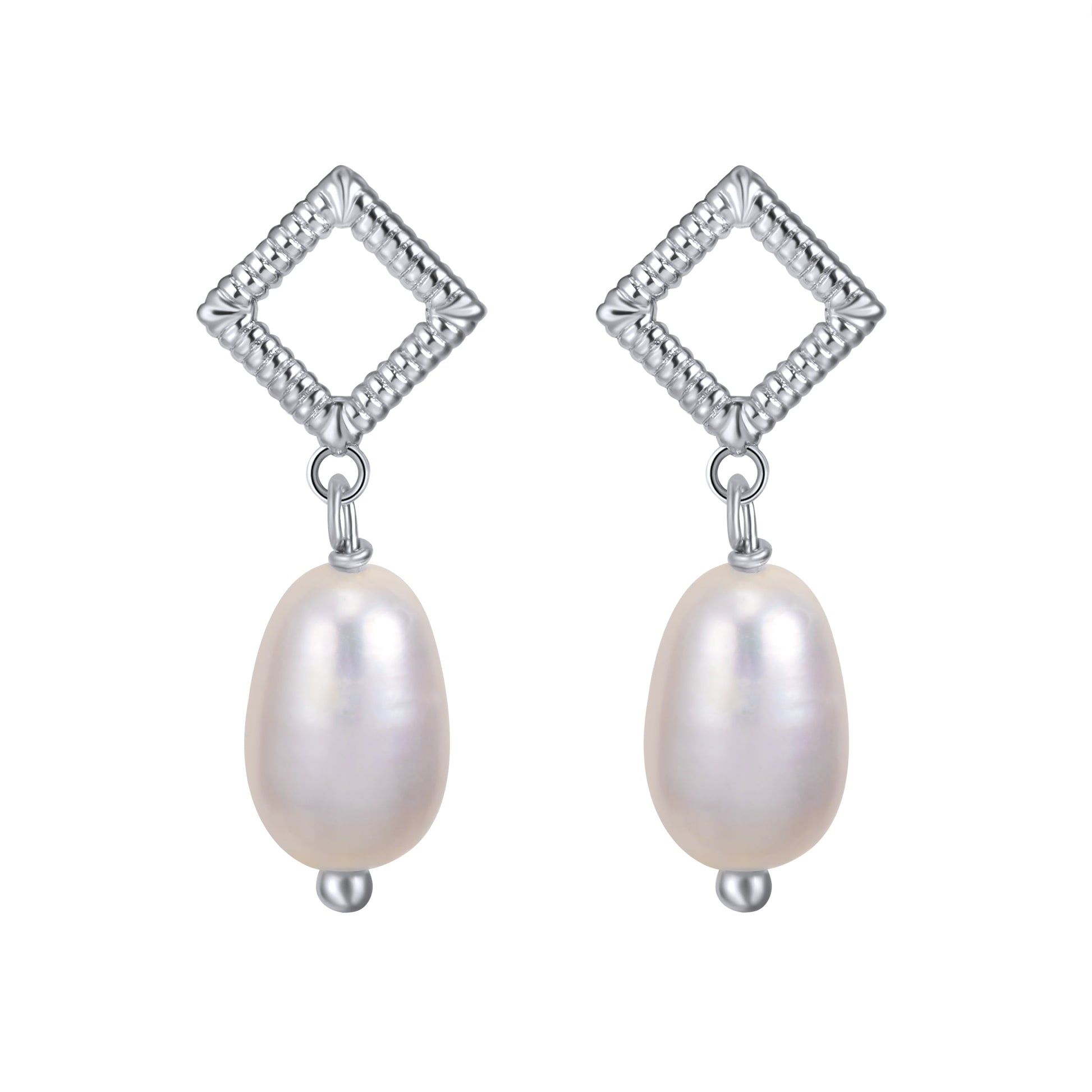 Golden Axis Pearl Drop Earrings featuring 11mm freshwater pearls and textured square silver drops with rhodium plating.