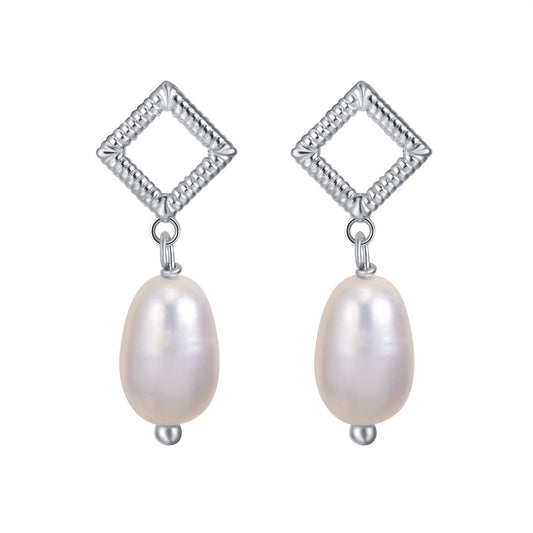Golden Axis Pearl Drop Earrings featuring 11mm freshwater pearls and textured square silver drops with rhodium plating.