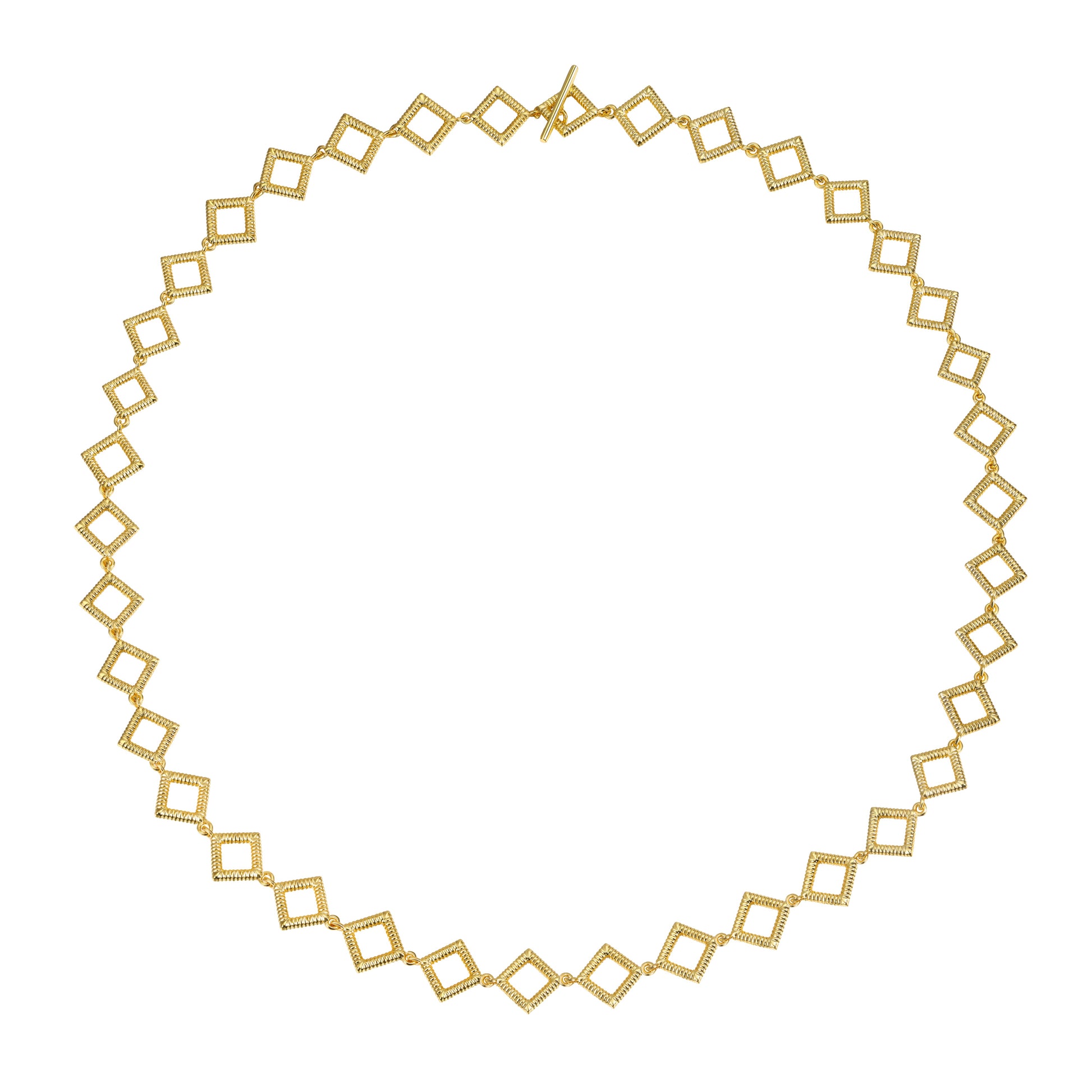 Golden Axis Link Necklace 18k gold filled brass geometric diamond-shaped chain with toggle clasp, 20 inch length.