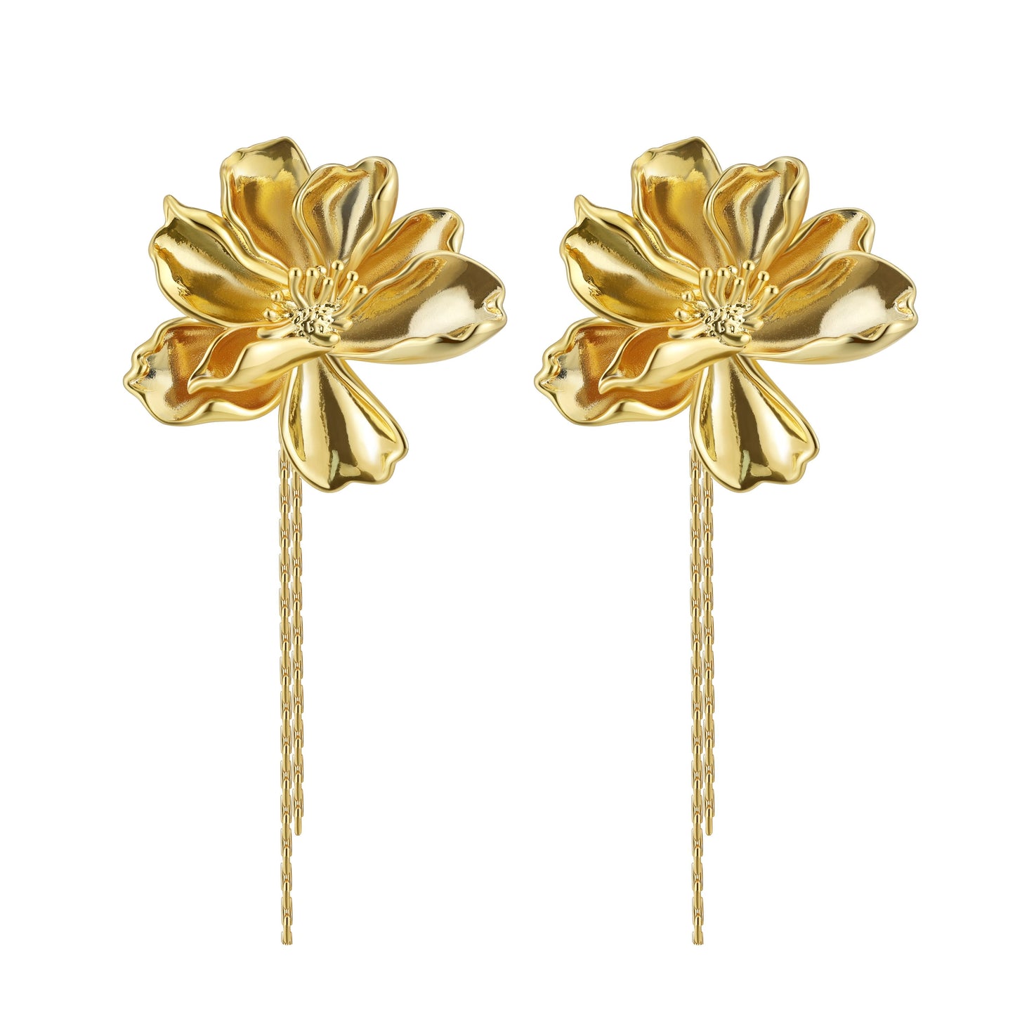 Falling Petals Bayahíbe Earrings with gold bloom and bamboo chain tassels.