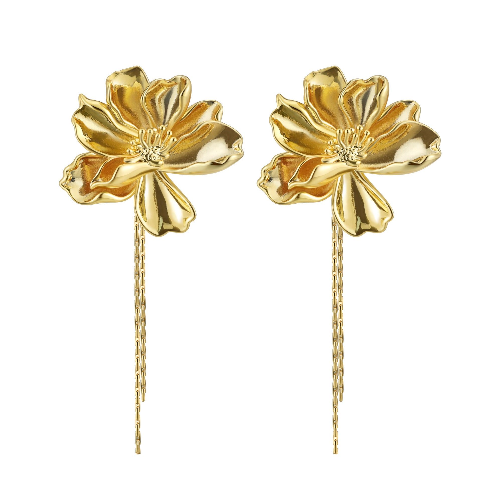 Falling Petals Bayahíbe Earrings with gold bloom and bamboo chain tassels.