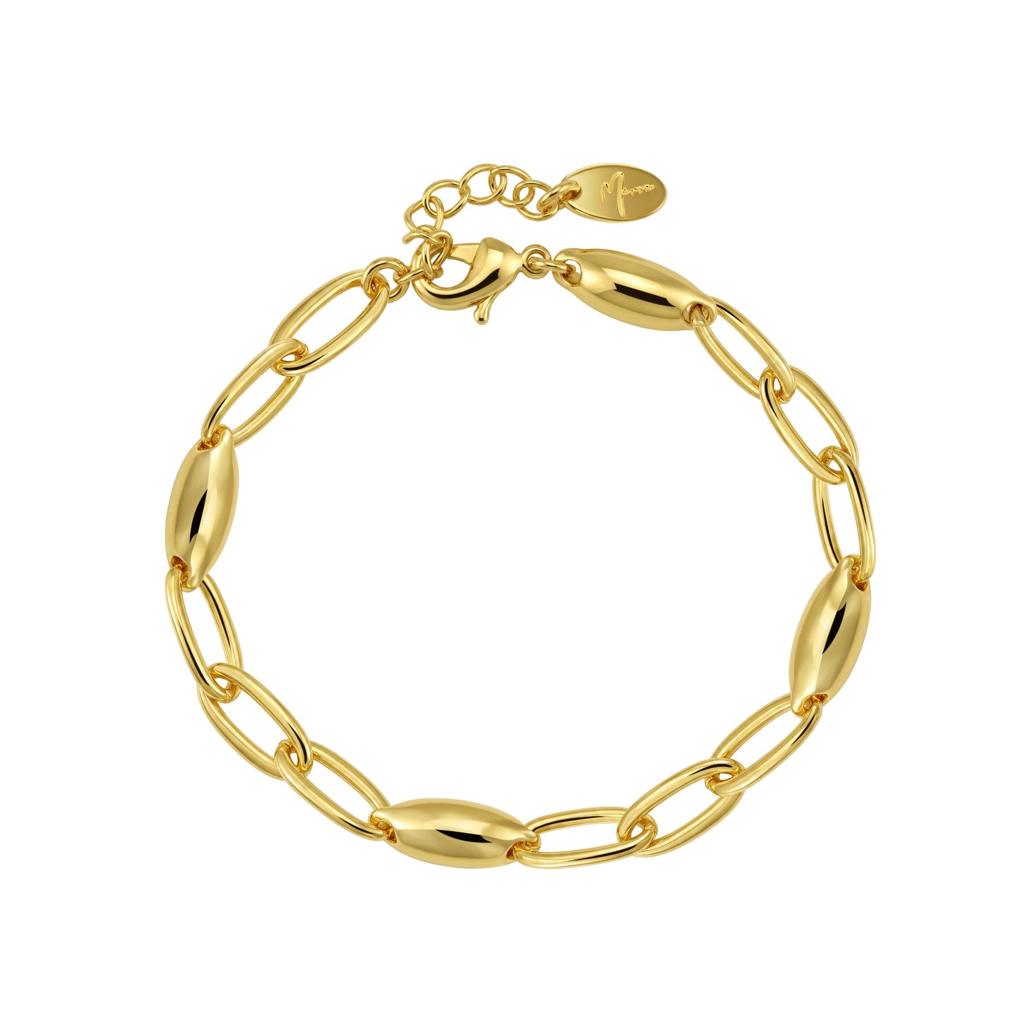 Liquid Link Bracelet with alternating oval and marquise gold links on brass base