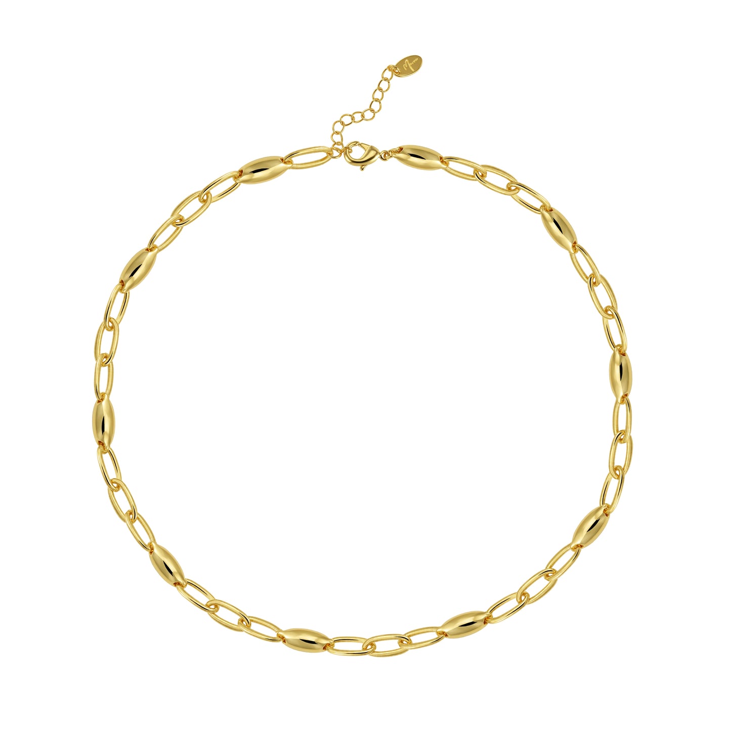 Liquid Link Necklace with alternating elongated and marquise links in 18K gold-filled brass, adjustable 20" length