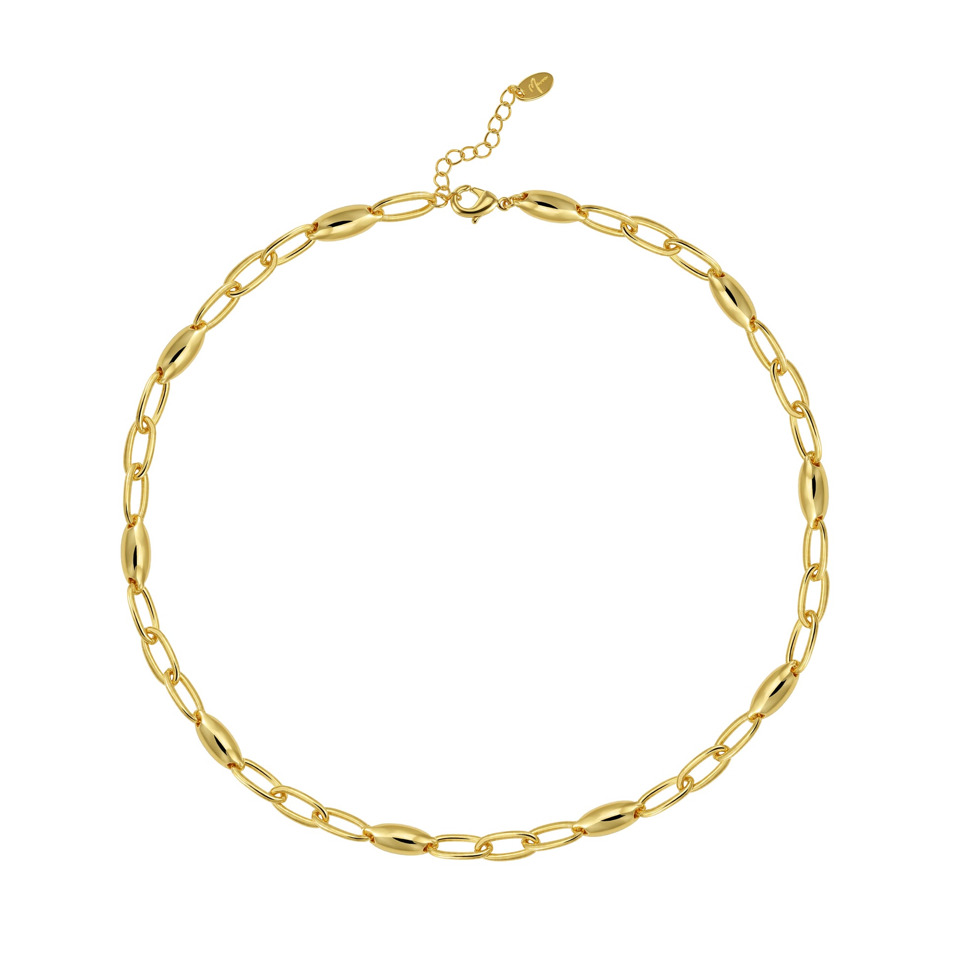 Liquid Link Necklace with alternating elongated and marquise links in 18K gold-filled brass, adjustable 20" length