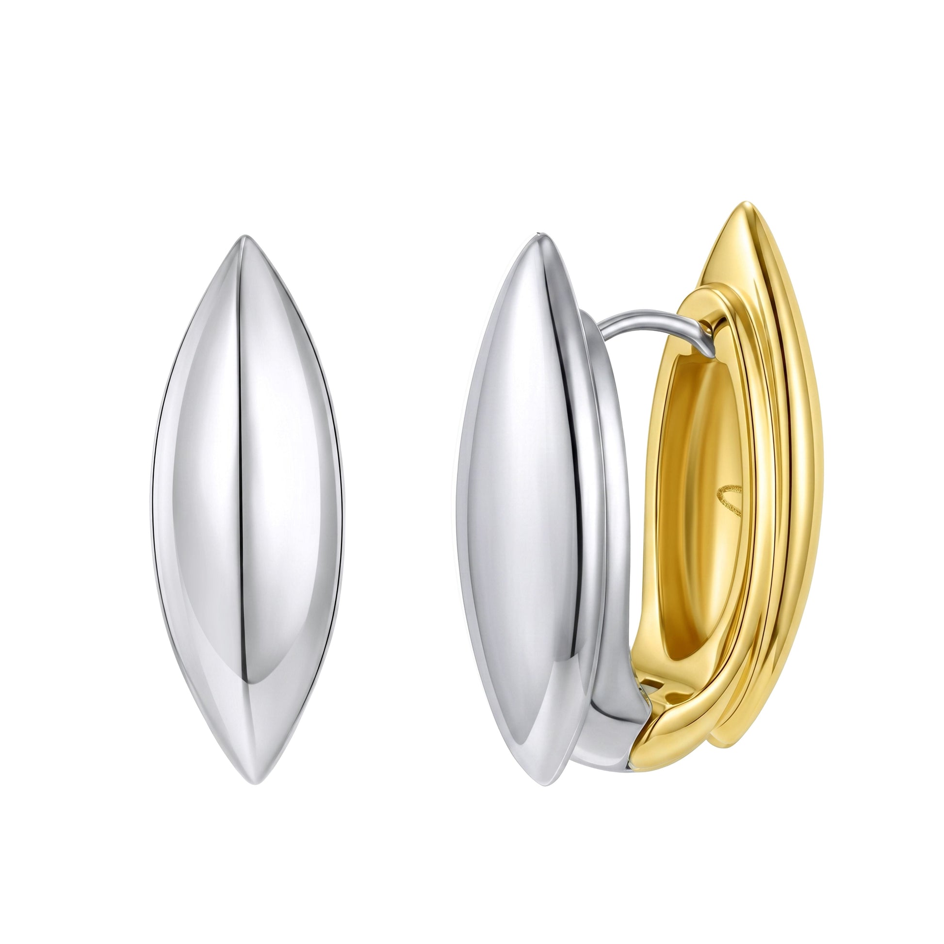 Liquid Muse Muse Sculptural Huggies reversible gold and silver marquise earrings