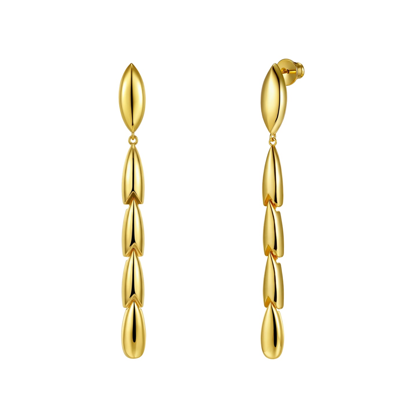 Elegant Liquid Muse Cascade Earrings in 18K gold with sculptural marquise and articulated drop design