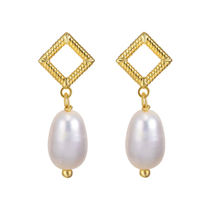 pearl drop earrings gold

geometric pearl earrings

statement earrings modern

rhodium plated pearl earrings