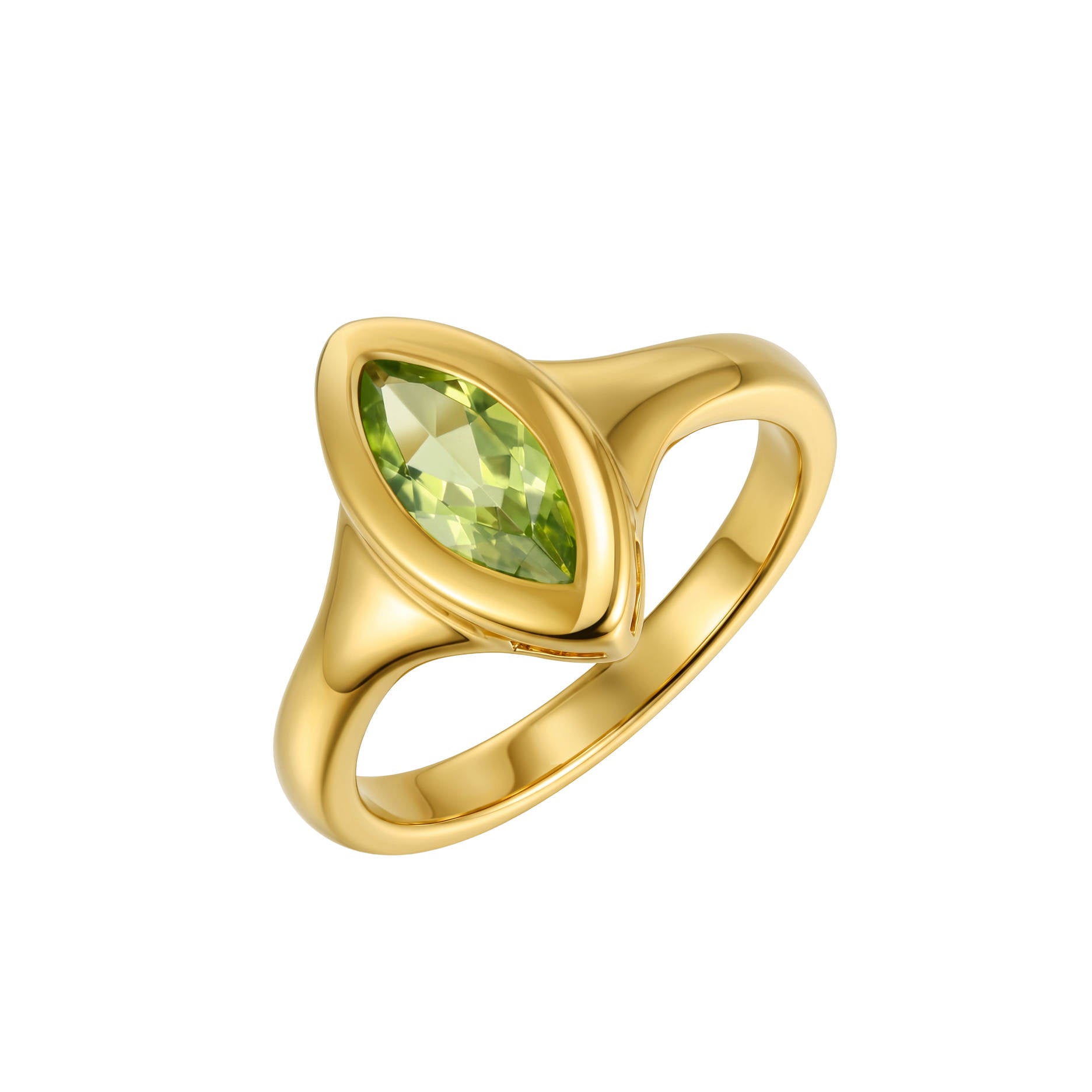 Liquid Marquise Gem Ring with natural peridot and fluid brass curves in gold fill or rhodium finish