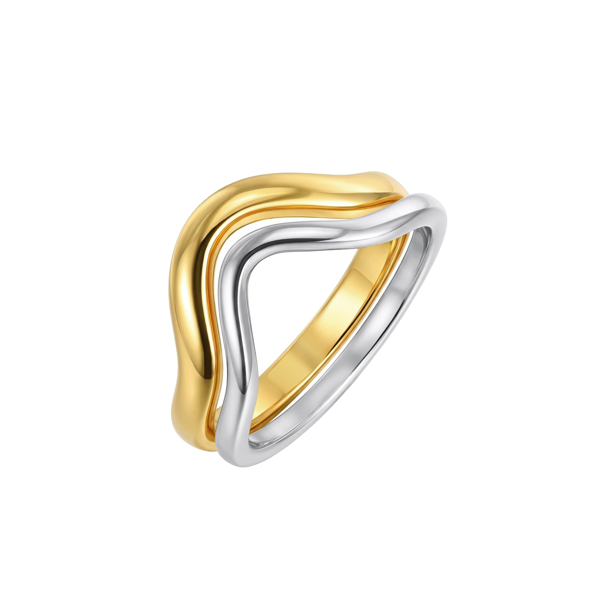 Liquid Muse Duo sculptural bands layered in gold and silver metal without gemstones