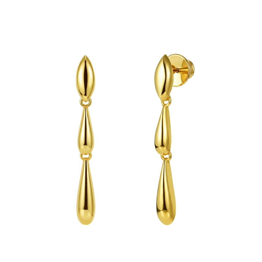Liquid Muse Drop Earrings three-part brass design with marquise stud and liquid drop in high-polish finish