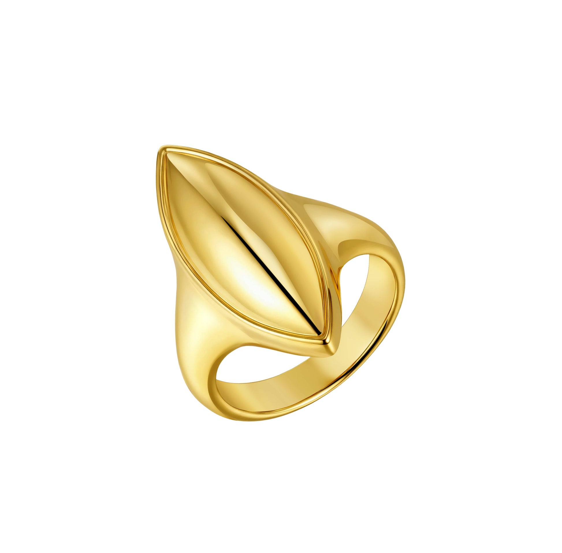 Liquid Muse sculptural ring with oversized marquise silhouette in 18K gold-filled brass, modern fluid design