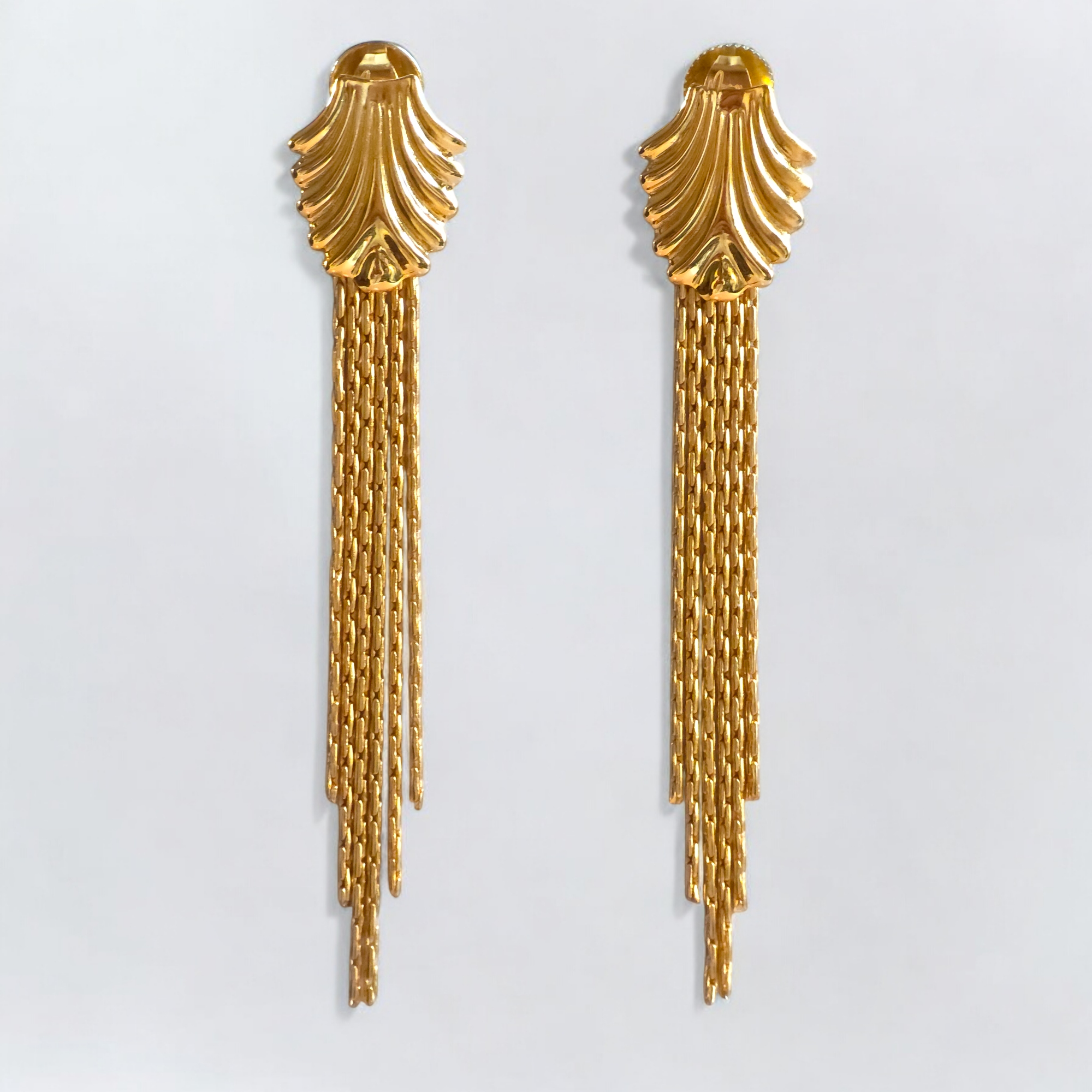 Art deco palm cascade earrings with gold-plated chain fringe.