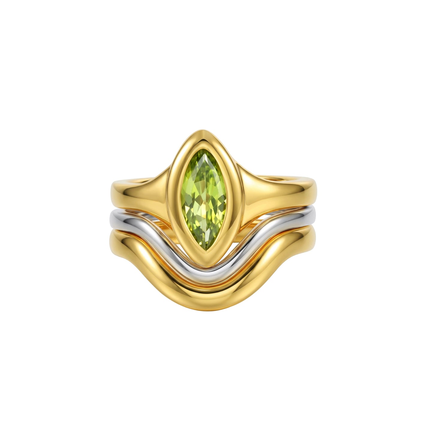 Liquid Muse Stack featuring sculptural signet ring, flow band, and contour band in gold and silver